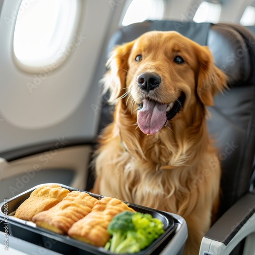 Golden retriever dog enjoying in-flight meal aboard airplane
