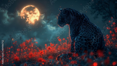 A black panther sits in a field of red flowers  looking up at the moon. The night sky is dark and mysterious.