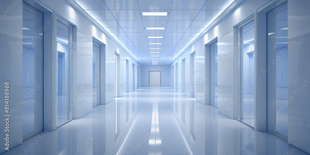 Modern Corporate Hallway - soft natural light, with reflective floors and walls 