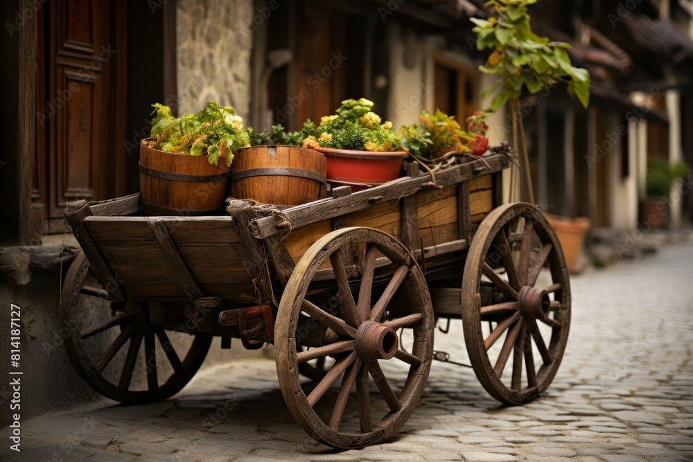 Old wooden cart filled with green plants and flowers, set in a picturesque cobblestone street