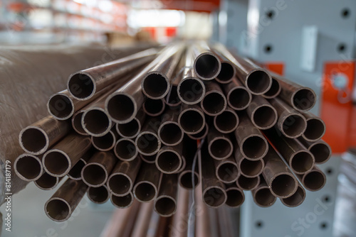 Bundle of copper pipes, storage in warehouse