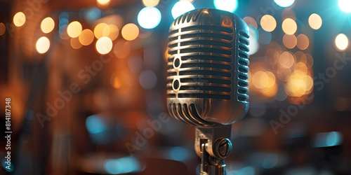 Old microphone, background with bokeh lights