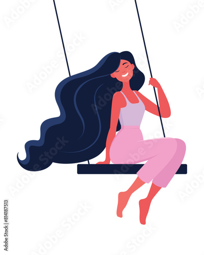 Vector illustration in flat magazine style. A young woman sits serenely on a swing. The concept of an easy and happy life, prosperity and tranquility