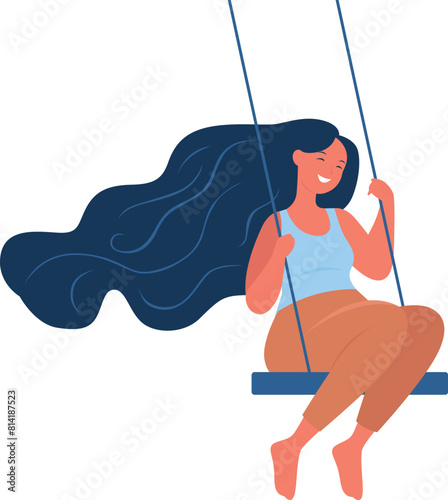 A girl swings on a swing. Carefree and happy young woman laughs while sitting on a rope swing. Vector flat illustration