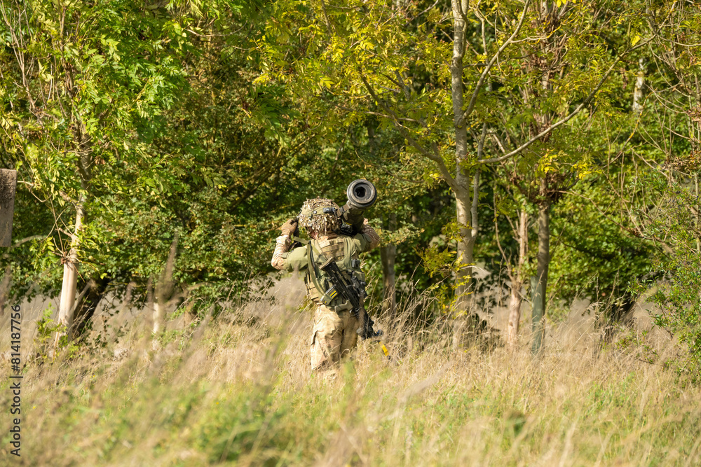 Close-up of a British army Infantry soldier with a Saab Bofors Dynamics NLAW (MBT LAW or RB 57) anti-tank missile Close-up of a British army Infantry soldier with a Saab Bofors Dynamics NLAW (MBT LAW or RB 57) anti-tank missile