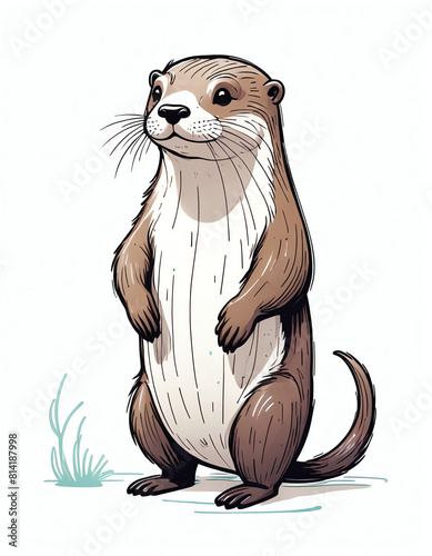 Otter. A cartoon illustration of an otter standing on its hind legs. The otter is brown and white with a long, slender body and a bushy tail photo