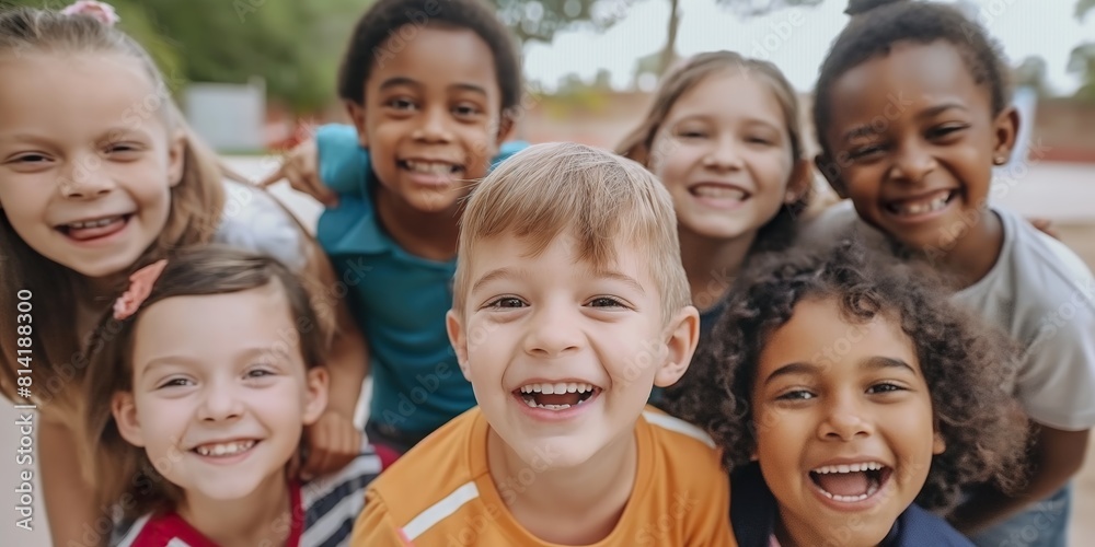 Diverse group of kids standing next to each other, looking cheerful. Diverse group of kids standing next to each other, looking cheerful.