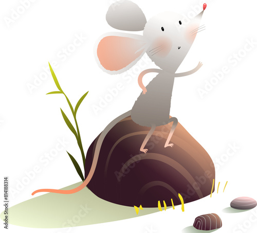 Funny little mouse sitting on a big rock in nature. Cute baby mouse animal character for children story. Rodent illustration for kids fairytale. Vector cartoon, isolated clipart. © Popmarleo