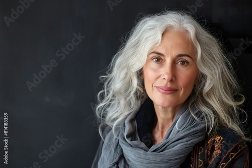 Mature woman with gray hair standing confidently in front of a black wall.
