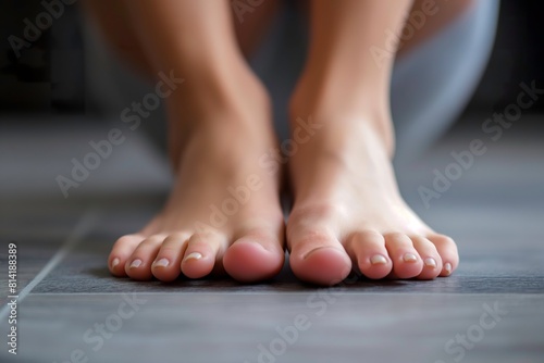 Female feet with bunions standing on tiled surface.