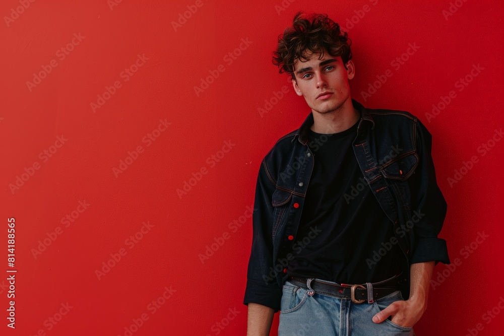 Young Man in Black Shirt and Denim Jacket, Red Background. Generative AI. Young Man in Black Shirt and Denim Jacket, Red Background. Generative AI.