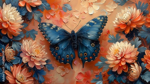 Blue Morpho Butterfly on a bed of flowers.butterfly on a flower background photo