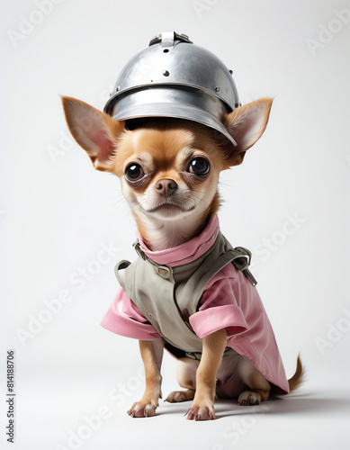 A Chihuahua Wearing a Helmet. This is an image of a Chihuahua wearing a helmet. The dog is sitting on a white background and is looking at the camera photo