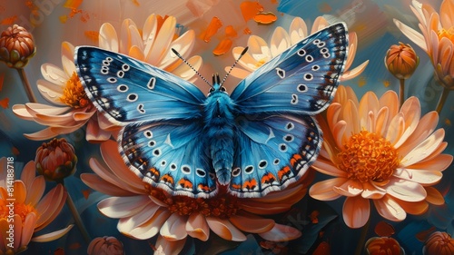 Blue Morpho Butterfly on orange and yellow flowers photo