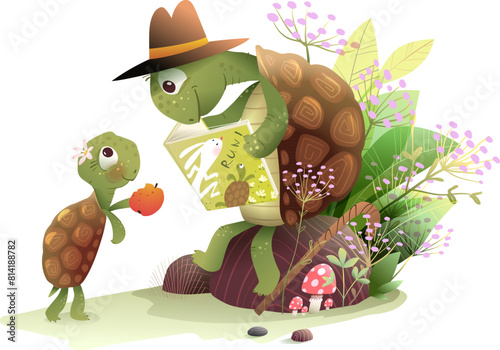 Grandpa Tortoise reading book to a turtle granddaughter in forest. Tortoise animals study and teach in forest landscape. Kids illustration for story or fairytale. Vector cartoon drawing for children. © Popmarleo