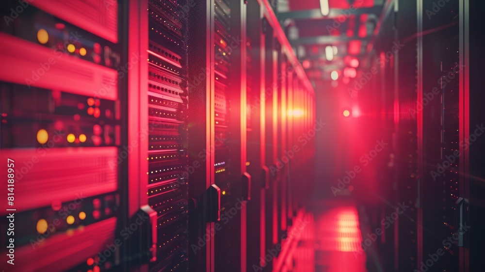 Conceptual image of a futuristic data center with red lighting and a long corridor of servers. Conceptual image of a futuristic data center with red lighting and a long corridor of servers.