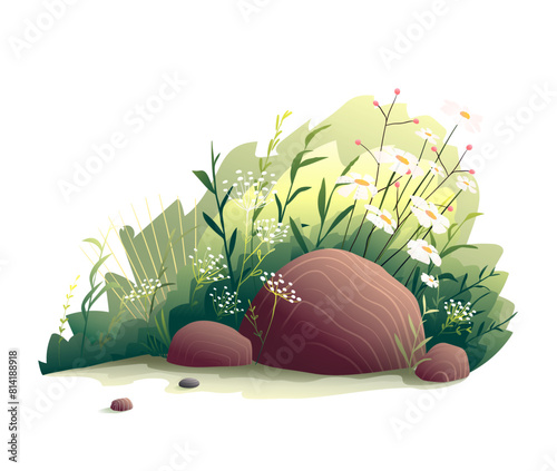Cute bush with wildflowers rocks and boulders, fairytale nature landscape object. Rural imaginary scenery drawing in watercolor style. Vector kids clipart illustration, nature isolated object. © Popmarleo