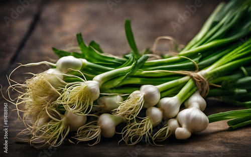 Fresh scallions with vibrant green tops, bunch tied with twine, close-up photo