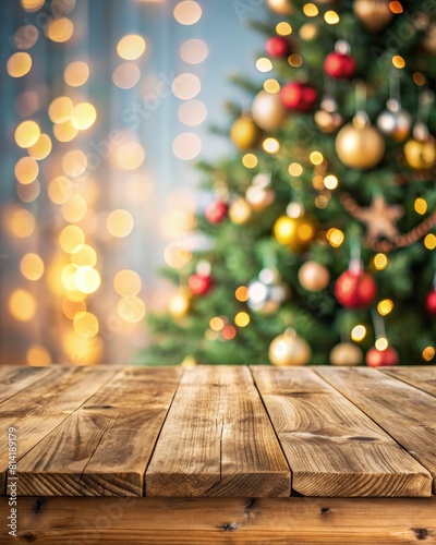 Empty wooden table for product display montages with christmas tree background