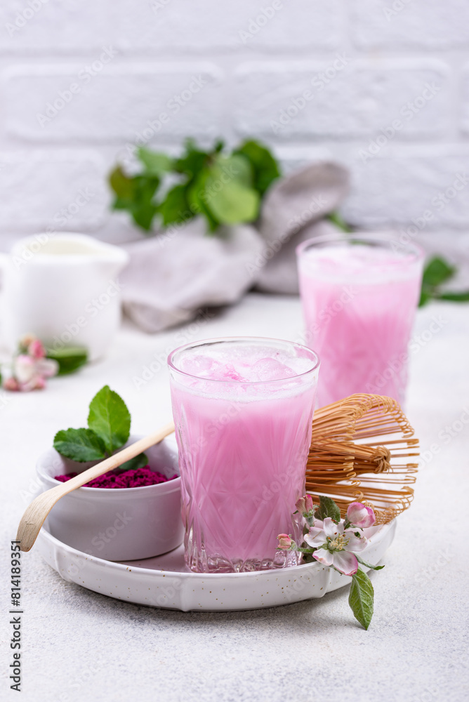 Pink matcha ice latte with milk Pink matcha ice latte with milk