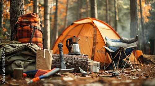 Camping Furniture compact equipment utensils on a fors photo