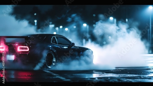 illustration of a black sports car drifting on a city street with smoke at night. Ai generated