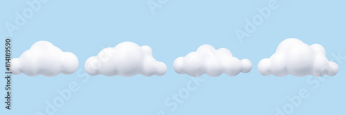 3D white cloud set, in the blue sky. Cartoon cute clouds in bubble shape. Plasticine 3d weather icons, render style. Trendy fluffy clouds. Vector illustration.