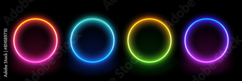 Neon circle frame. Illuminate frame design. Set of round neon border. Futuristic graphic element for social media stories. Glowing neon lighting on dark background. Blue, pink, purple, violet. Vector