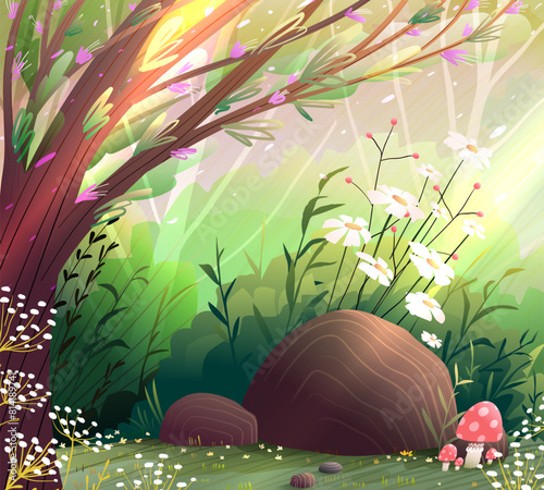Forest nature landscape background. Fairy tale nature forest scene with sunrays. Mushrooms and flowers with rocks in a rural scene. Vector kids illustration for story or children fairytale. © Popmarleo