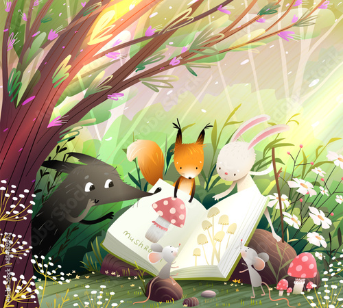 Friends animals reading book in forest sunlight. Rabbit mouse wolf and squirrel study mushrooms in forest landscape. Kids illustration for story or fairytale. Hand drawn vector cartoon for children. © Popmarleo