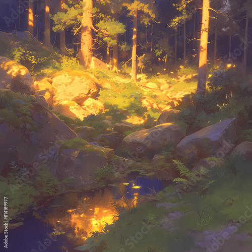 Golden Light and Rugged Terrain - Serene Forest at Dusk for Marketing Graphics