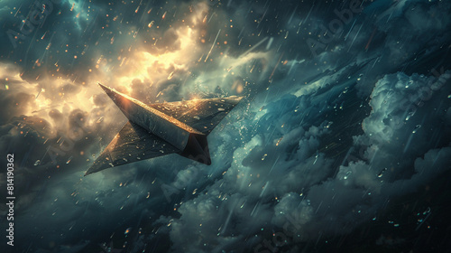 A paper plane dodging raindrops in a stormy sky, illuminated by flashes of lightning. photo