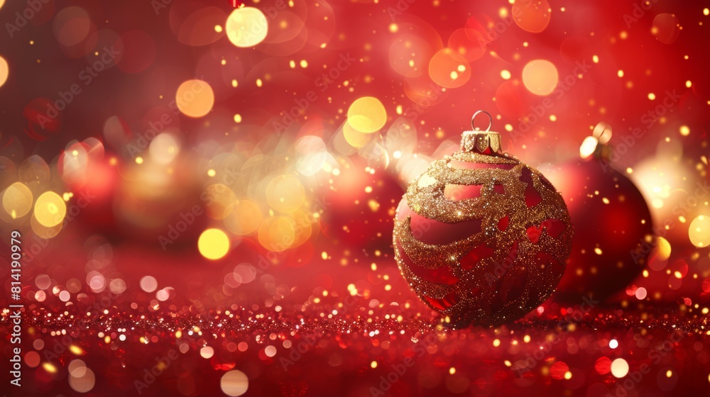 Festive red Christmas baubles and glitter on a bright holiday background with sparkling lights Festive red Christmas baubles and glitter on a bright holiday background with sparkling lights