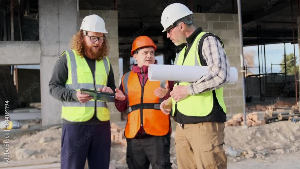 Engineer, construction worker and foreman, with plans on digital tablet and paper blueprints, collaboration diverse people, solving problem at building site, welding work on background. Engineer, construction worker and foreman, with plans on digital tablet and paper blueprints, collaboration diverse people, solving problem at building site, welding work on background.