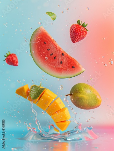 Creative summer composition made of fresh summer fruits levitate in the air against gradient pastel soft blue and pink background