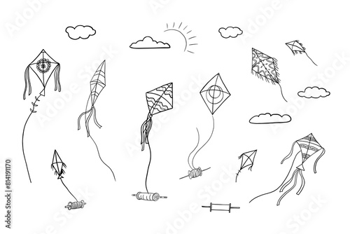 Beautiful set of kite and clouds in doodle style. Items and symbols of the Lori festival. Indian festival. Hand drawn