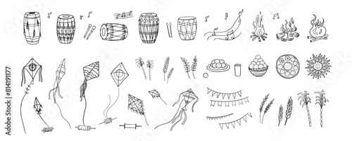 Large set of Lohri festival objects and symbols. Indian festival. Kite, rye, spikelet, drums, bonfire, fire, wheat, harvest, sugarcane, sheaves of roasted corn, gurh and gachak. Hand drawn