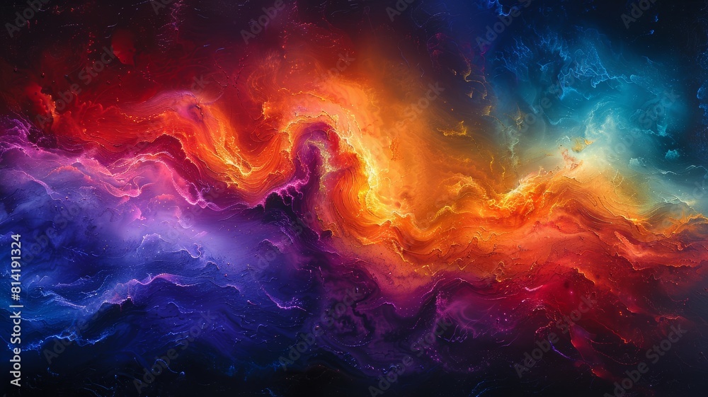 The image is an abstract painting. It has a blue, orange and purple color scheme. The painting is very fluid and looks like it is in motion.
