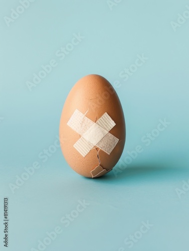 Creative Easter concept made of broken egg with band-aid on it against pastel blue background