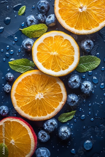 A close up of oranges  blueberries and mint leaves on a table  AI