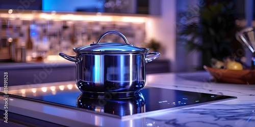 A modern chrome cooking pot on an induction cooktop in a kitchen. Concept Kitchen, Cooking Pot, Induction Cooktop, Modern Design, Chrome Finish photo