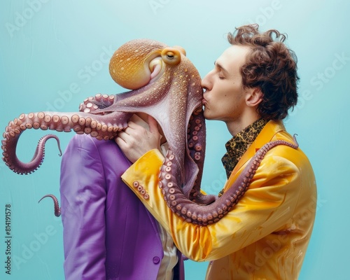 Creative abstract concept of a man hugging and kissing an octopus with long tentacles. Pastel portrait. Illustration photo