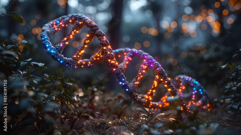 The image shows a glowing DNA strand in the middle of a forest. The DNA strand is made of blue, purple, and orange lights. The background is dark and out of focus. The image shows a glowing DNA strand in the middle of a forest. The DNA strand is made of blue, purple, and orange lights. The background is dark and out of focus.
