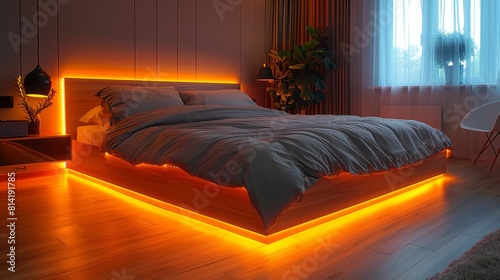 underbed lighting, led strip lights under the bed frame create a cozy ambiance in the bedroom, making it the perfect place to relax at home photo