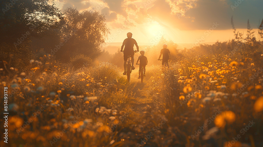 A family of three enjoying a bike ride through a picturesque countryside trail.