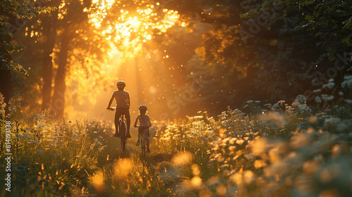 A family of three enjoying a bike ride through a picturesque countryside trail.