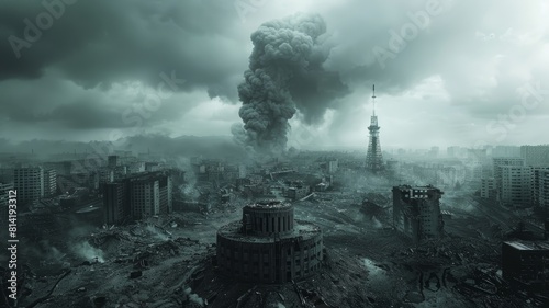 The image shows a post-apocalyptic city in ruins with a large explosion in the background. photo
