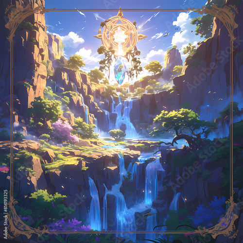 Dreamy Crystal-Covered Waterfall Illustration for Magical Landscape Artwork