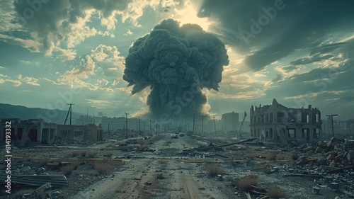 The image shows a post-apocalyptic city with a large mushroom cloud in the background. photo