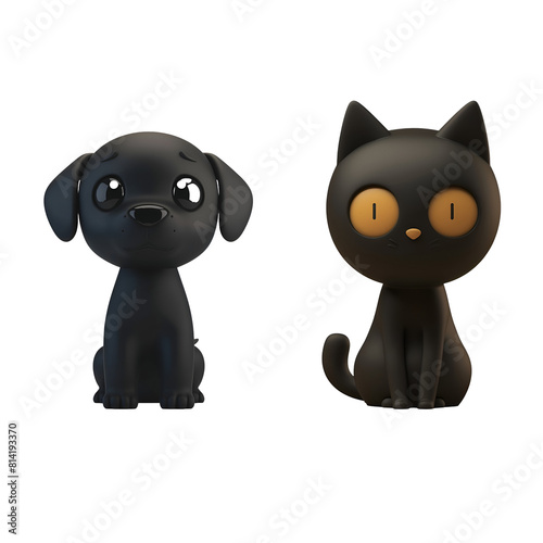 3D Cartoon Style Illustration of Cute Pets  Set of Black Dog and Black Cat  Isolated on Transparent Background  PNG